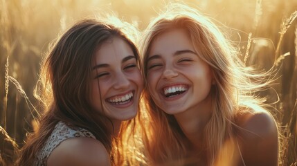 Fototapeta premium Two women are smiling and laughing in a field of tall grass