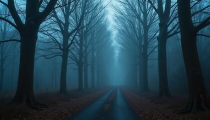Foggy pathway winding through spooky haunted woods at twilight with shadows lurking and an ominous feeling in the air.