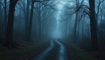 Fototapeta premium Foggy pathway winding through spooky haunted woods at twilight with shadows lurking and an ominous feeling in the air.