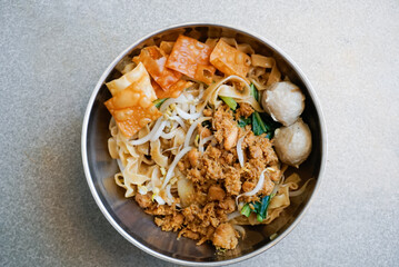 bowl of chicken noodle or mie ayam in indonesian, delicious chicken noodles.
