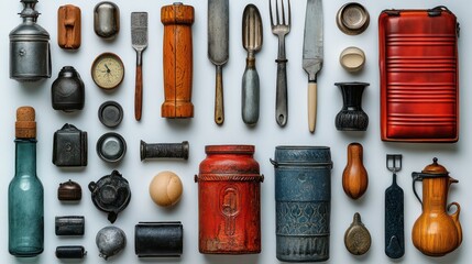 A collection of kitchen utensils and tools, including a bottle, a bowl, a spoon