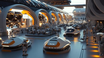 Futuristic spaceport on an extraterrestrial colony, bustling with spaceships and robots