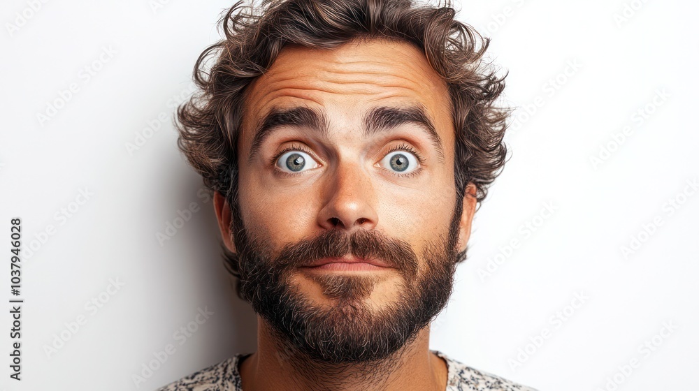 Poster a man with a beard and a surprised expression on his face
