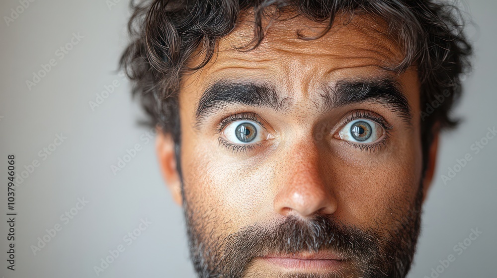 Poster a man with a beard and a mustache has his eyes wide open