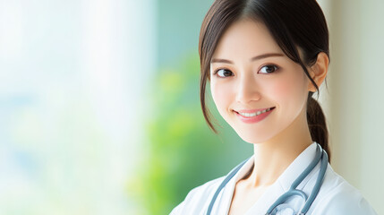 A smiling medical professional with a stethoscope draped around her neck stands against a softly blurred background, exuding confidence and care.