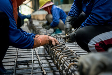 A group of builders is busy constructing a metal structure