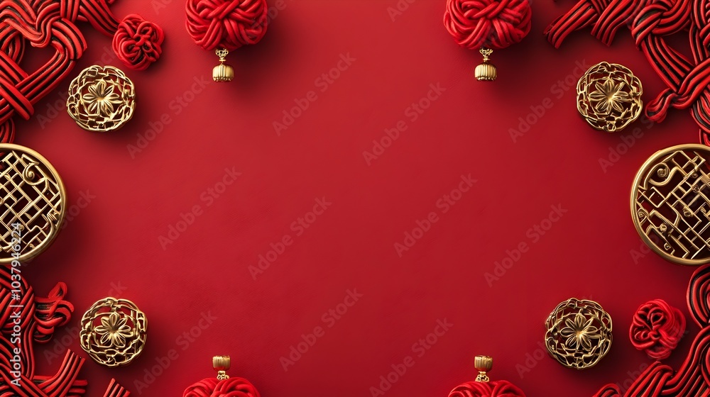 Poster minimalist red and gold decorative chinese knot border with empty center for messages