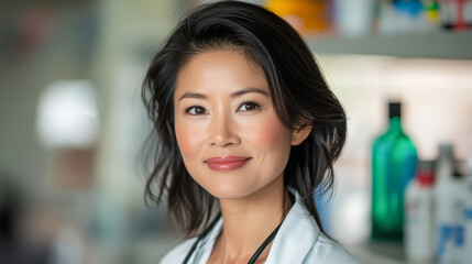 Naklejka premium A confident woman in a professional setting, possibly a healthcare environment, stands with a slight smile in front of blurred shelves with bottles.
