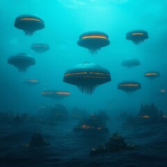Fototapeta premium Human colony on an ocean world with massive underwater cities