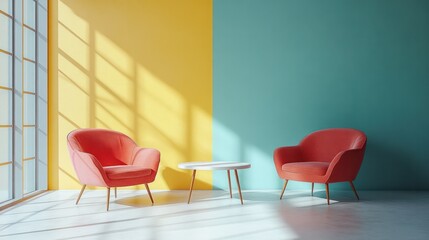 Two red chairs are sitting in front of a yellow wall