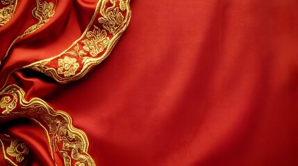 Luxurious Red Silk Fabric with Gold Embroidered Edges Leaving Copy Space for Chinese New Year