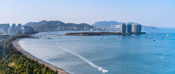 High angle scenery of Sanya Bay coastline, Phoenix Island, Sanya, Hainan, China