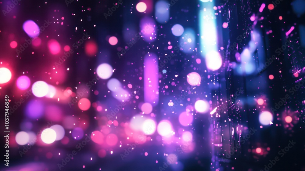 Poster a blurry image of a cityscape with bright lights and a lot of sparkles