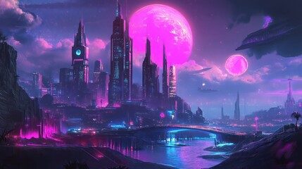 A cityscape with a pink moon and a pink planet in the sky