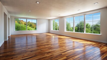 Fototapeta premium This versatile empty room showcases a white mortar wall and wood laminate flooring, providing an ideal setting for