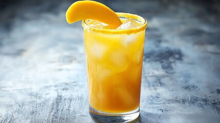 A tall glass of refreshing orange juice with ice and a slice of orange.