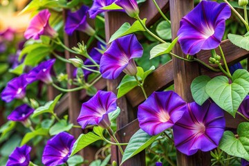 Beautiful purple morning glories in full bloom on fence