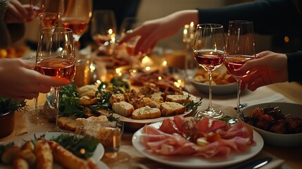 Friends enjoying a romantic supper complete with rose wine and a variety of canapés.