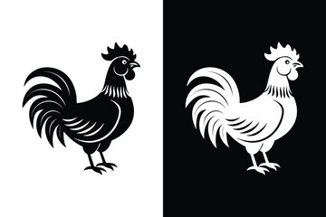 Rooster Silhouette Vector. Flat Farm Animal Illustration on White and Black Background