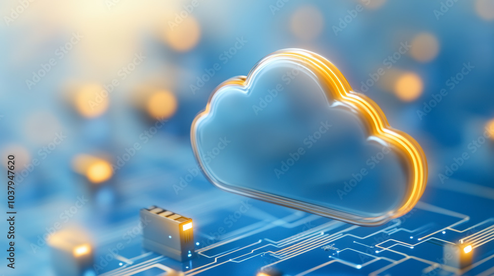Poster a digital cloud icon hovers over a circuit board, symbolizing cloud computing technology and data st
