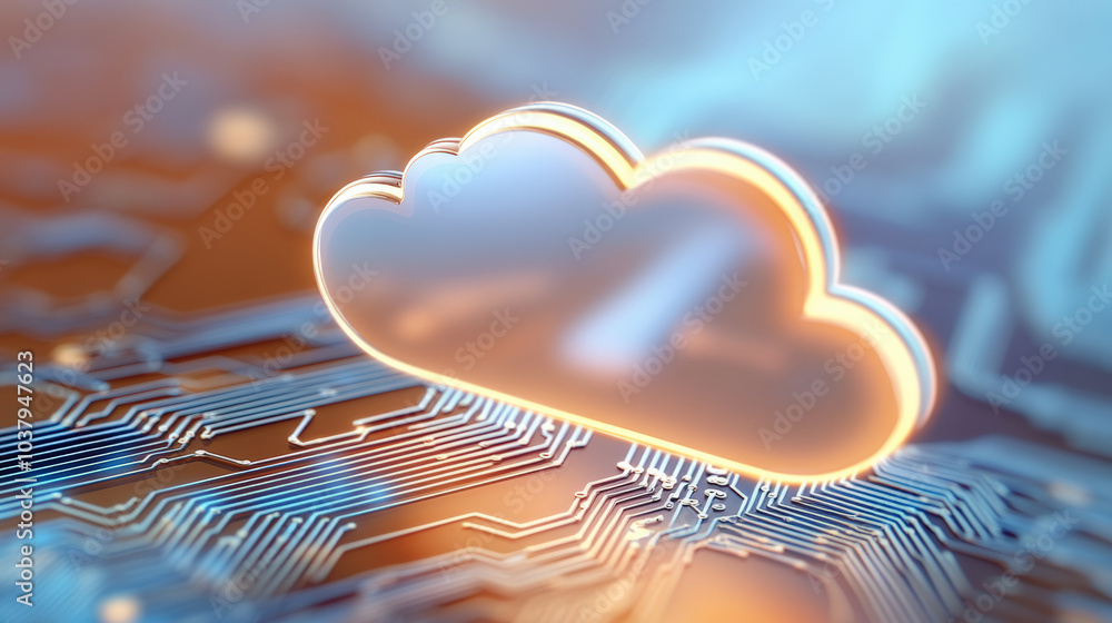 Aufkleber a glowing cloud icon floats above a detailed circuit board, symbolizing the integration of cloud com