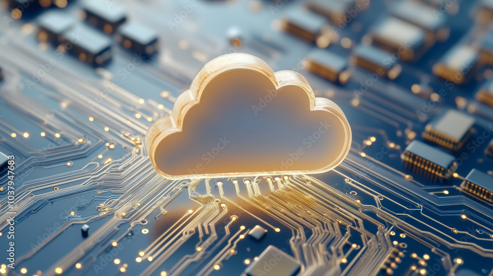 Poster a glowing cloud icon is depicted over a circuit board, symbolizing cloud computing and digital conne