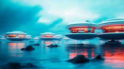 Obraz premium Space colony on an ocean planet, with futuristic floating cities and submarines