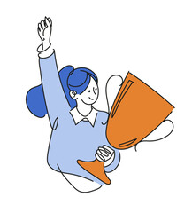 Businesswoman holding trophy and celebrating victory, success, ambition and career growth concept, business achievement. Flat line vector illustration.