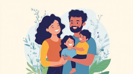 A family of four, a man and three children, are smiling and holding hands