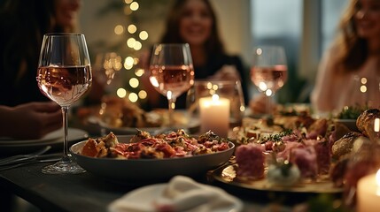Obraz premium Friends enjoying a romantic supper complete with rose wine and a variety of canapés.