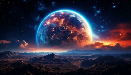 Earth, Moon, and Sun in Space with a Night Sky