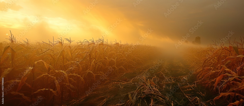 Wall mural Golden cornfield with fog and sun shining through the clouds.