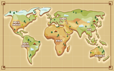 This illustrated world map features simplified continents with trees, mountains, and labels for each region, designed in a cartoon style for fun or educational use.

