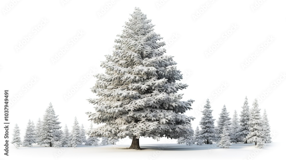 Poster a pine tree with snow, winter forest tree, hyper-realistic 3d rendering, frosty branches, isolated o