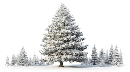 Obraz premium A pine tree with snow, winter forest tree, hyper-realistic 3D rendering, frosty branches, isolated on white background 