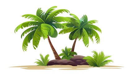 Obraz premium A palm tree with coconuts, tropical beach tree, flat design, swaying green leaves, isolated on white background 
