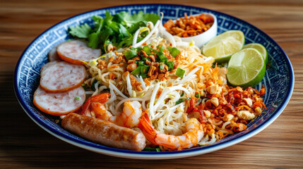 A vibrant plate of Thai cuisine featuring shrimp, sausage, bean sprouts, greens, and lime, garnished with herbs and nuts for a fresh, flavorful dish.