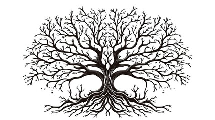Obraz premium A stylized tree of life, symbolic tree art, intricate branches and roots, isolated on white background 