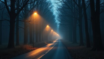 Lonely road cutting through dark woods with flickering street lamps casting long shadows and enveloping the path in an eerie haze.