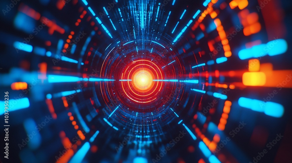Poster abstract 3d rendering of a glowing tunnel with blue and orange light streaks.