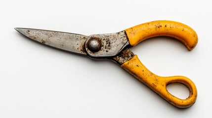 Obraz premium Rusty well-worn pruning shears with a yellow handle on a white background perfect for vintage or used tool themes. Generative AI