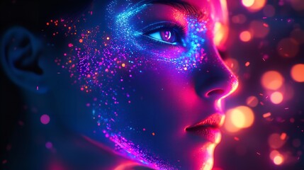 A Futuristic Portrait Featuring a Face Illuminated by Neon Glows