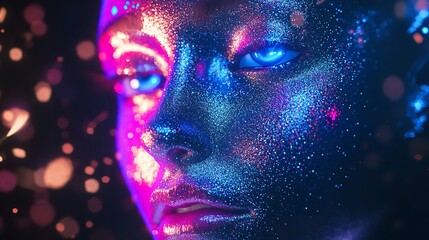 A Futuristic Portrait Featuring a Face Illuminated by Neon Glows