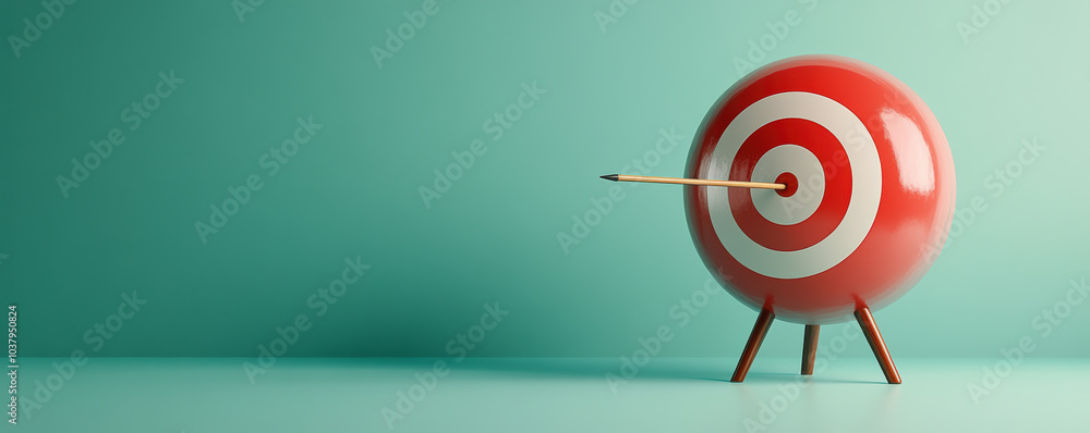 Poster a red target balloon with a dart precisely hitting the bullseye stands against a minimalist green ba