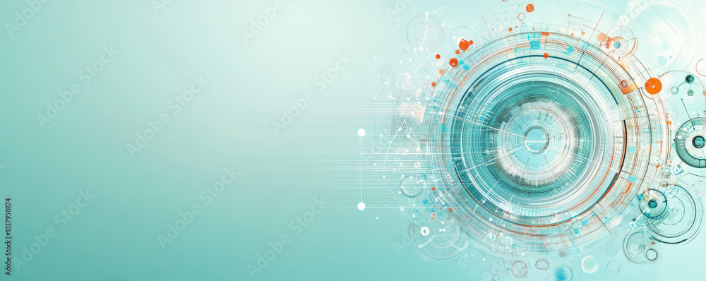 Poster a futuristic digital interface with circular patterns and technology-inspired designs on a light tea