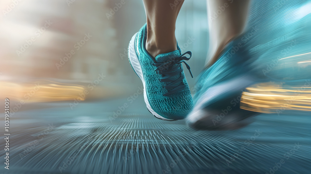 Poster closeup of running shoes in motion on blurred background with copy space for branding