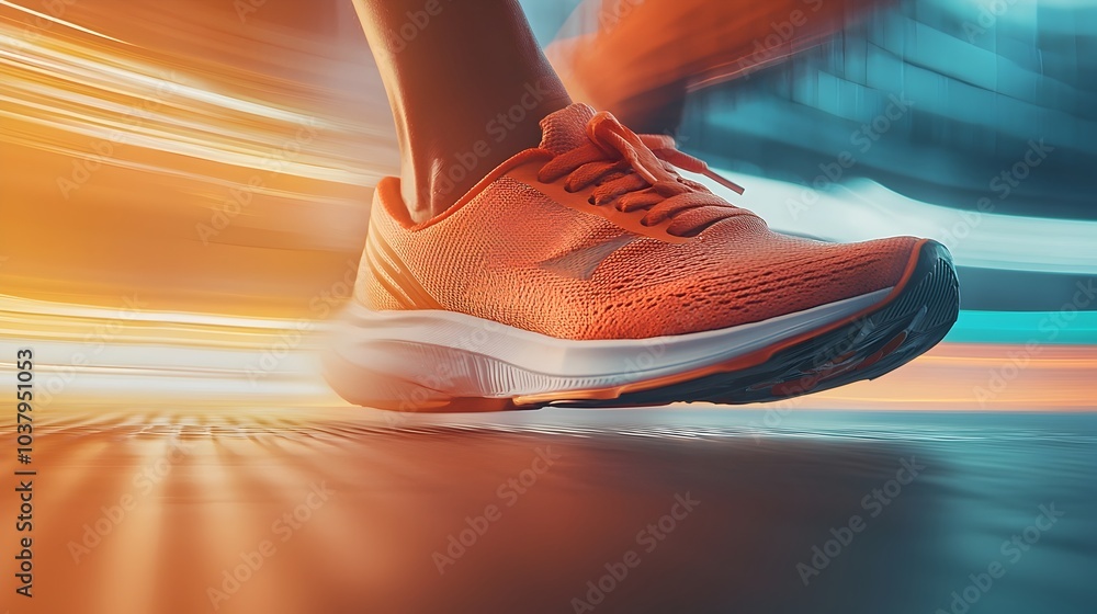 Poster running shoes in motion with blurred background and copy space for branding