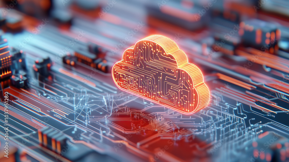 Poster a glowing digital cloud symbol hovers above a futuristic circuit board, representing advanced cloud 