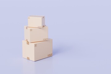 3D Cardboard box package transport order icon .3D Minimal stack parcel box icon on isolated purple background. Logistics shipment and Online delivery service Concept. 3d render.