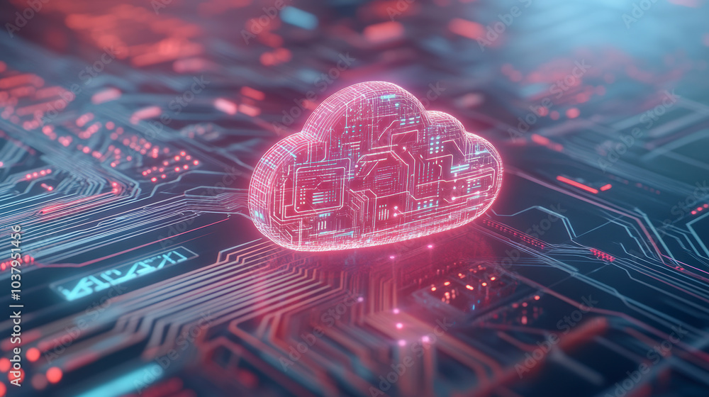 Poster a glowing digital cloud symbol hovers over a circuit board, representing cloud computing technology 